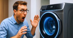Um homem de óculos com expressão de surpresa ou espanto olhando para uma moderna lava e seca, que exibe uma luz azul vibrante no seu interior.