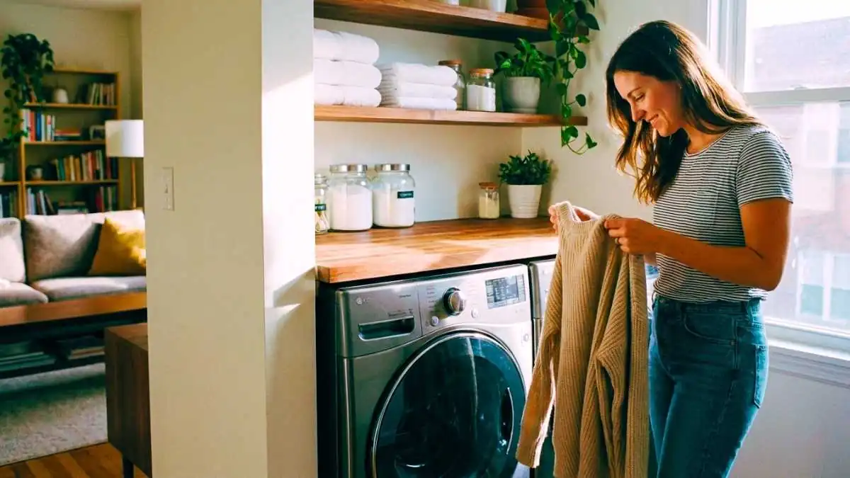 Mulher sorrindo enquanto retira um suéter seco de uma maquina de lavar roupa para apartamentos pequenos modelo lava e seca, instalada sob uma bancada de madeira em um nicho de lavanderia organizado com luz natural.