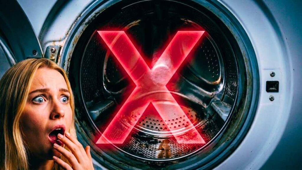 Mulher loira com expressão de choque olhando para o tambor de uma máquina de lavar muito suja com mofo e lodo, marcada com um X vermelho de alerta.