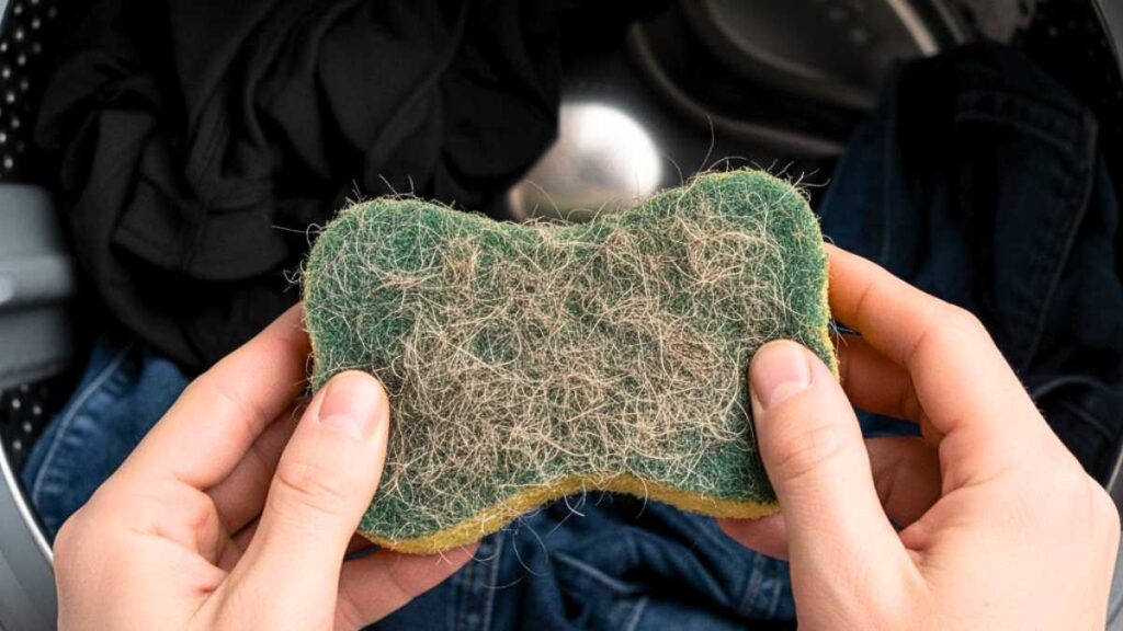 Esponja de cozinha retirada da máquina de lavar cheia de pelos nas roupas após a lavagem.