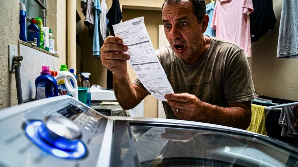 Homem com expressão de choque segurando uma conta de luz cara na lavanderia, buscando como economizar energia máquina de lavar.