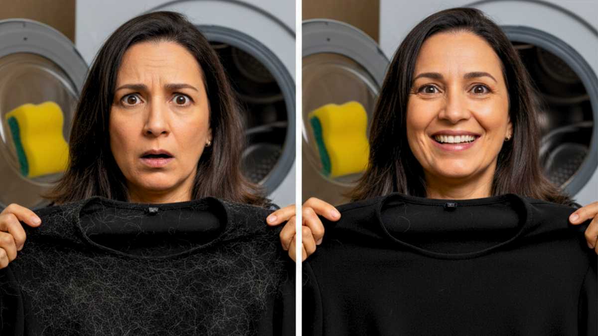 Mulher segurando roupa preta antes e depois da lavagem, mostrando a eliminação de pelos nas roupas com um truque simples na máquina de lavar.