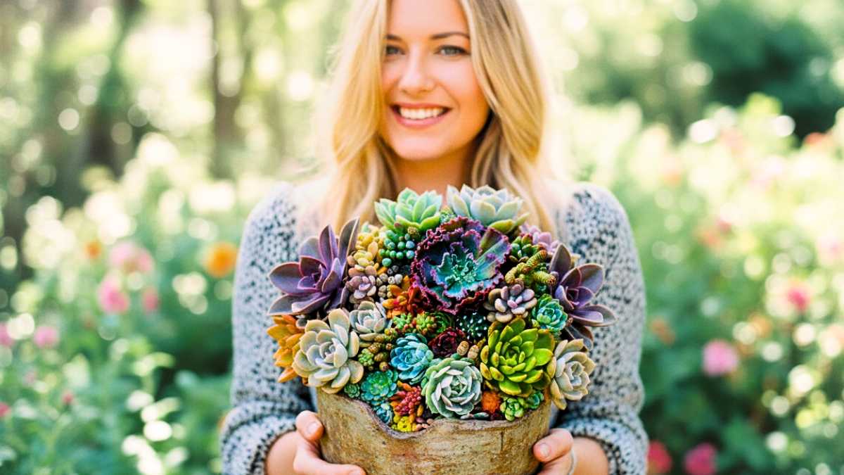 Mulher sorridente segurando um grande vaso rústico repleto de suculentas raras coloridas e saudáveis em um jardim.