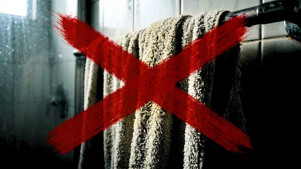 Uma fotografia cinematográfica em close-up de toalhas de banho encardidas, matted e ásperas penduradas em um suporte de metal oxidado em um banheiro úmido. Um grande e textured "X" vermelho pintado cobre a área central das toalhas, simbolizando o perigo biológico e a rejeição.