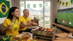 Resistência incandescente e fumaça saindo de uma churrasqueira elétrica na Copa do Mundo, ilustrando o perigo oculto de incêndio e o erro fatal que aumenta a conta de luz no apartamento.