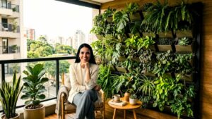 Mulher profissional sorridente sentada em uma varanda de apartamento moderna com uma vibrante parede de jardim vertical (parede verde) cheia de samambaias e Monstera, com vasos de plantas no chão e vista panorâmica da cidade.