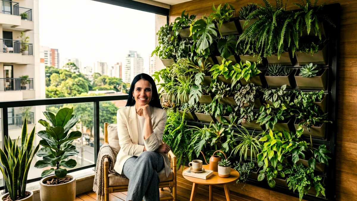 Mulher profissional sorridente sentada em uma varanda de apartamento moderna com uma vibrante parede de jardim vertical (parede verde) cheia de samambaias e Monstera, com vasos de plantas no chão e vista panorâmica da cidade.