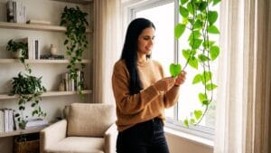 Mulher morena e sorridente, vestindo suéter marrom, segurando delicadamente a folha em formato de coração de uma planta jiboia pendente. Ela está em pé ao lado de uma grande janela com luz natural. Ao fundo, uma estante clara exibe livros e outros vasos de plantas de interior.
