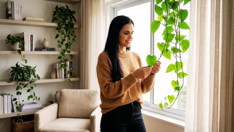 Mulher morena e sorridente, vestindo suéter marrom, segurando delicadamente a folha em formato de coração de uma planta jiboia pendente. Ela está em pé ao lado de uma grande janela com luz natural. Ao fundo, uma estante clara exibe livros e outros vasos de plantas de interior.