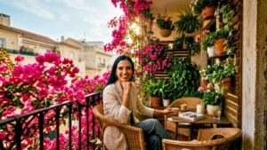 Mulher sorrindo em uma varanda de apartamento aconchegante, decorada com lindas plantas trepadeiras de flores rosas (Bougainvillea) no guarda-corpo de ferro e na treliça de madeira.