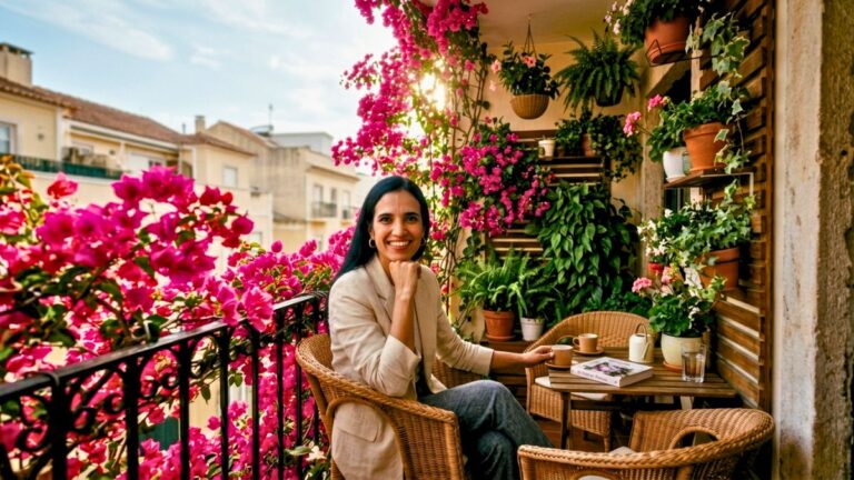 Mulher sorrindo em uma varanda de apartamento aconchegante, decorada com lindas plantas trepadeiras de flores rosas (Bougainvillea) no guarda-corpo de ferro e na treliça de madeira.