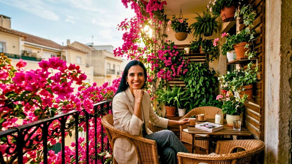 Mulher sorrindo em uma varanda de apartamento aconchegante, decorada com lindas plantas trepadeiras de flores rosas (Bougainvillea) no guarda-corpo de ferro e na treliça de madeira.