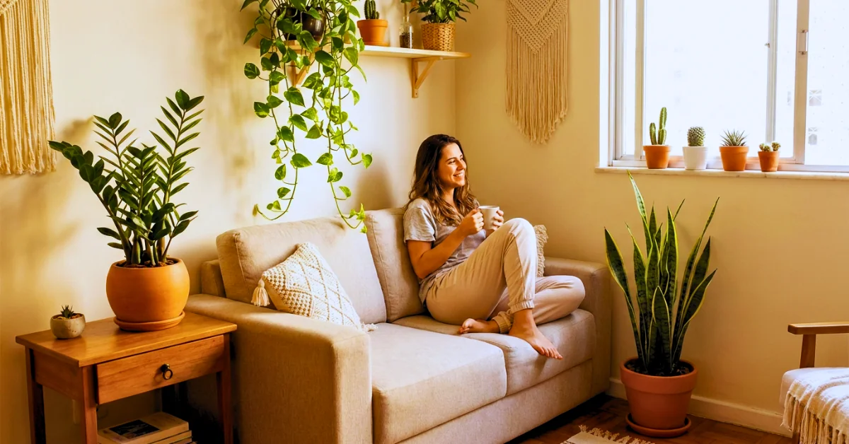 Mulher sorrindo e relaxando no sofá de uma sala iluminada, cercada por diversas espécies de plantas para apartamento resistentes como Zamioculca, Espada de São Jorge e Jiboia pendente.
