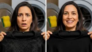 Home 13 Mulher segurando roupa preta antes e depois da lavagem, mostrando a eliminação de pelos nas roupas com um truque simples na máquina de lavar.